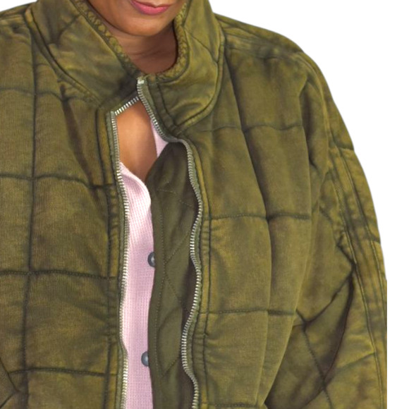 Free People Dolman Quilted Knit Jacket Green Olive Bomber Oversizes Cotton XS - Picture 4 of 16